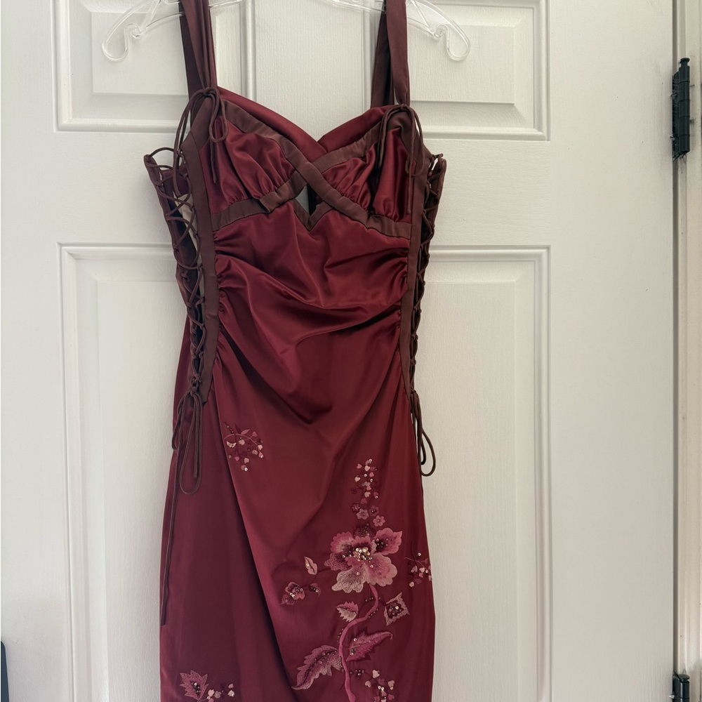 Mandalay Burgundy Beaded Embroidered Cocktail Dress Size 4 Vintage 2000s